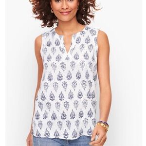 Talbots | White w/Navy Linen Sleeveless Blouse Top NWOT Sz S
